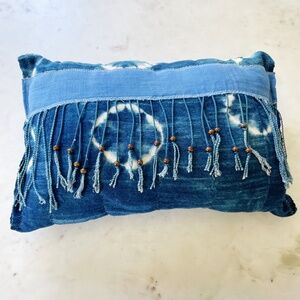 Indigo Shibori Tie Dye Throw Pillow with Beaded Tassels, Handmade